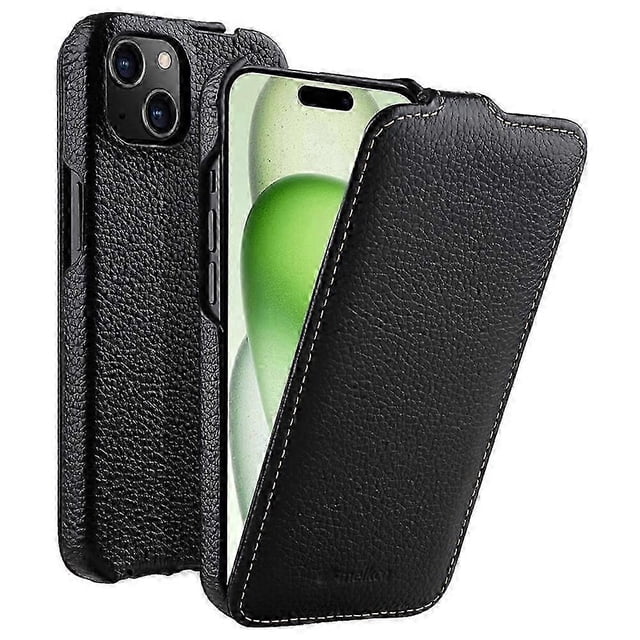 Melkco For Iphone 15 Case Anti-drop Vertical Flip Genuine Cow Leather+pc Cover