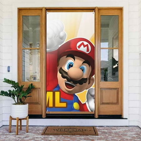 SML Jeffy Super Mario Door Cover Decorated Banner Tapestry Home Decoration Holiday Party Supplies Door Banner Porch Sign Banner 72.8 x 35.4 Inch