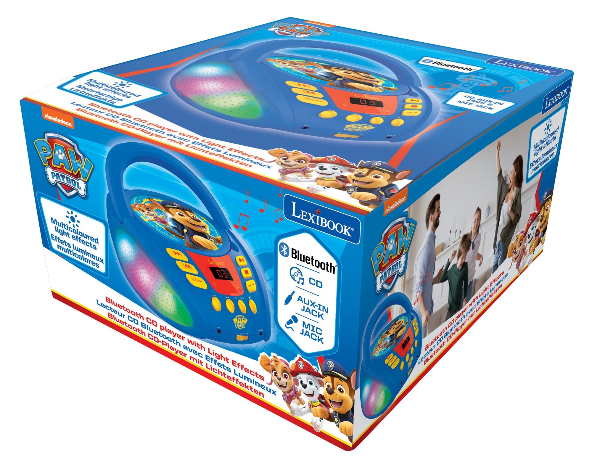Lexibook - Paw Patrol - Bluetooth CD player for kids – Portable, Multicoloured light effects, Microphone jack, Aux-in jack, AC or battery-operated, Girls, Boys, Blue/Red
