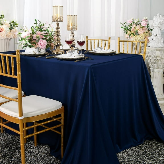 Wedding Linens Inc. Wholesale Scuba Wrinkle Free 90" x 132" Rectangular Table Cover Tablecloth - Navy Blue