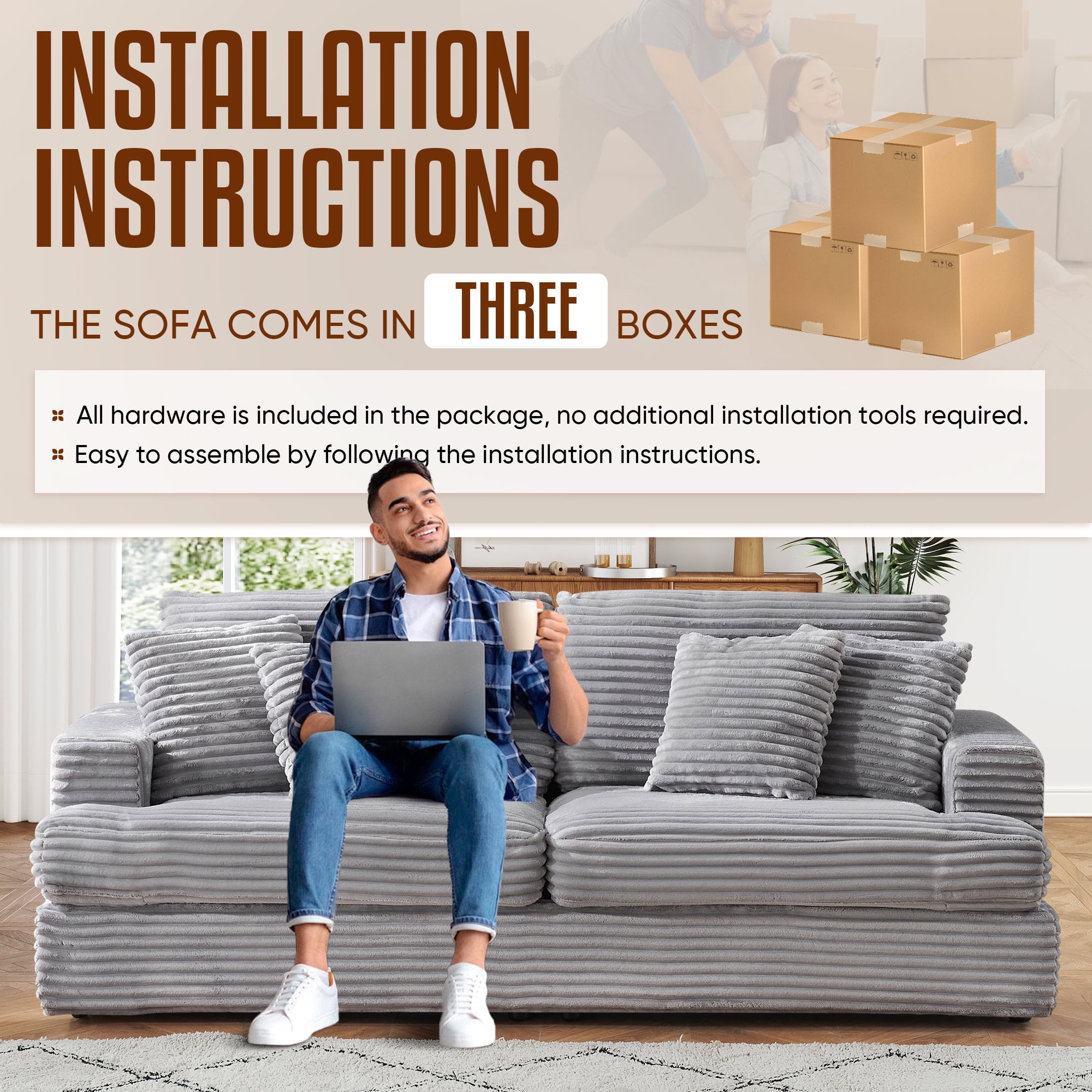 Dinosisco Corduroy Loveseat Sofa, Upholstered 3-Seater Sleeper Couch for Living Room, Gray