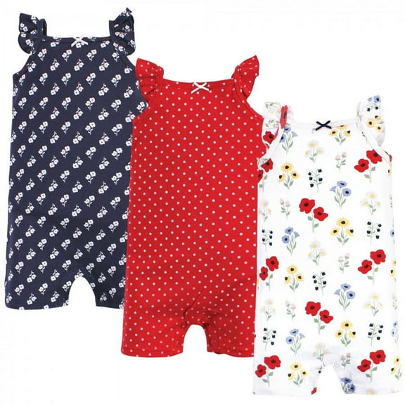 Hudson Baby Infant Girl Cotton Rompers, Wildflower, 0-3 Months
