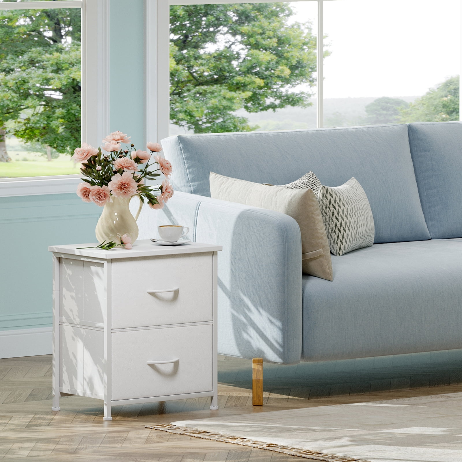Eunos White Small Nightstand for Bedroom with 2 Fabric Drawer, Bedside Table End Table for Closet