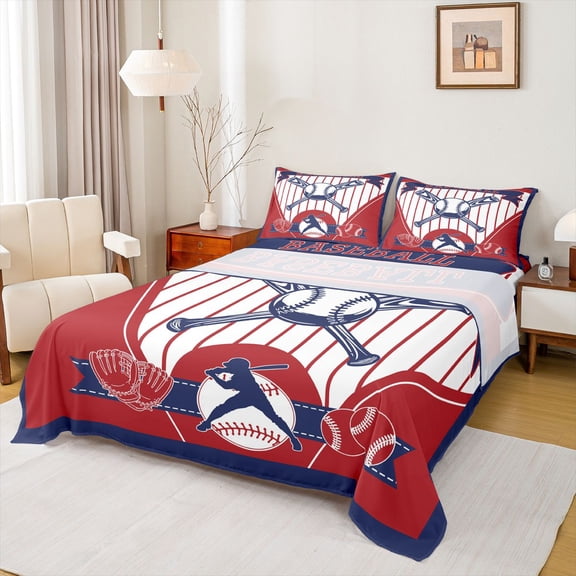 Castle Fairy Boys Girls Baseball Print Twin Sheet Sets 3pcs,Ball Game Twin Fitted Sheet Microfiber,Sport Theme Breathable Flat Sheet,Microfiber Bedroom Decor