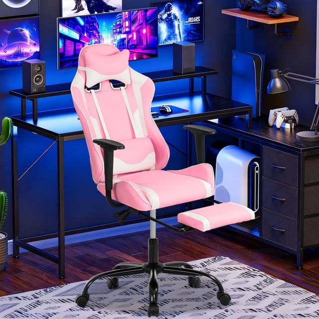 NiamVelo Gaming Chair with Footrest, Racing Style Gamer Chair for Adults&Teen, High Back Reclining Game Chair with Headrest and Lumbar Support, Computer Chair Desk Chair 250lb Capacity (Pink)