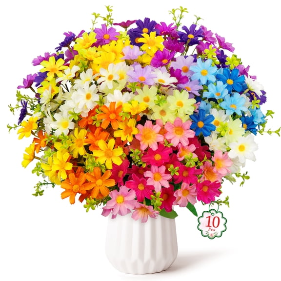 Scidweet Artificial Flowers Outdoor, 10 Bundles Fake Daisy Flowers Faux Plants Spring Summer for Indoor Outside Home Planter Porch Garden Decor, Mixcolor