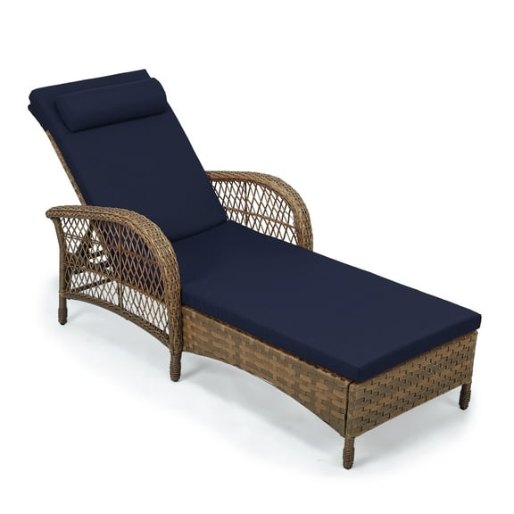 OUINCH Outdoor Wicker Lounge Chair with Cushion, 6-Position Adjustable Patio Chaise Lounge, All Weather Lay Flat Pool Sunbathing Recliner Chair, Armrest and Head Pillow, Fade-Resistant, Navy Blue