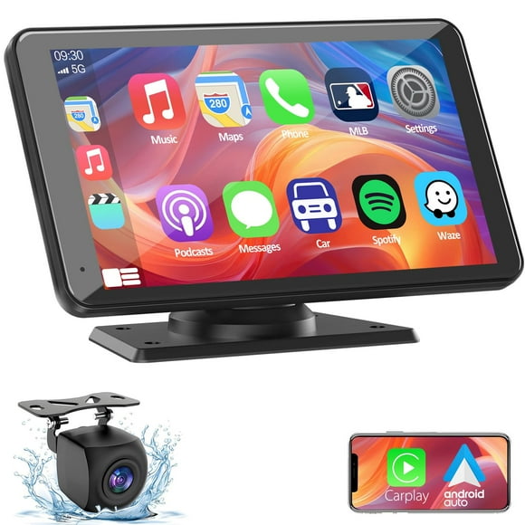 Portable Wireless CarPlay Screen for Car, 7 Inch Double Din Car Stereo for Apple CarPlay & Android Auto, Multimedia Player with Backup Camera, Mirror Link, Navigation Screen for All Vehicles