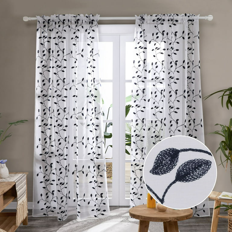 Deconovo Rod Pocket Short Sheer Curtains, Embroidered Leaf Pattern