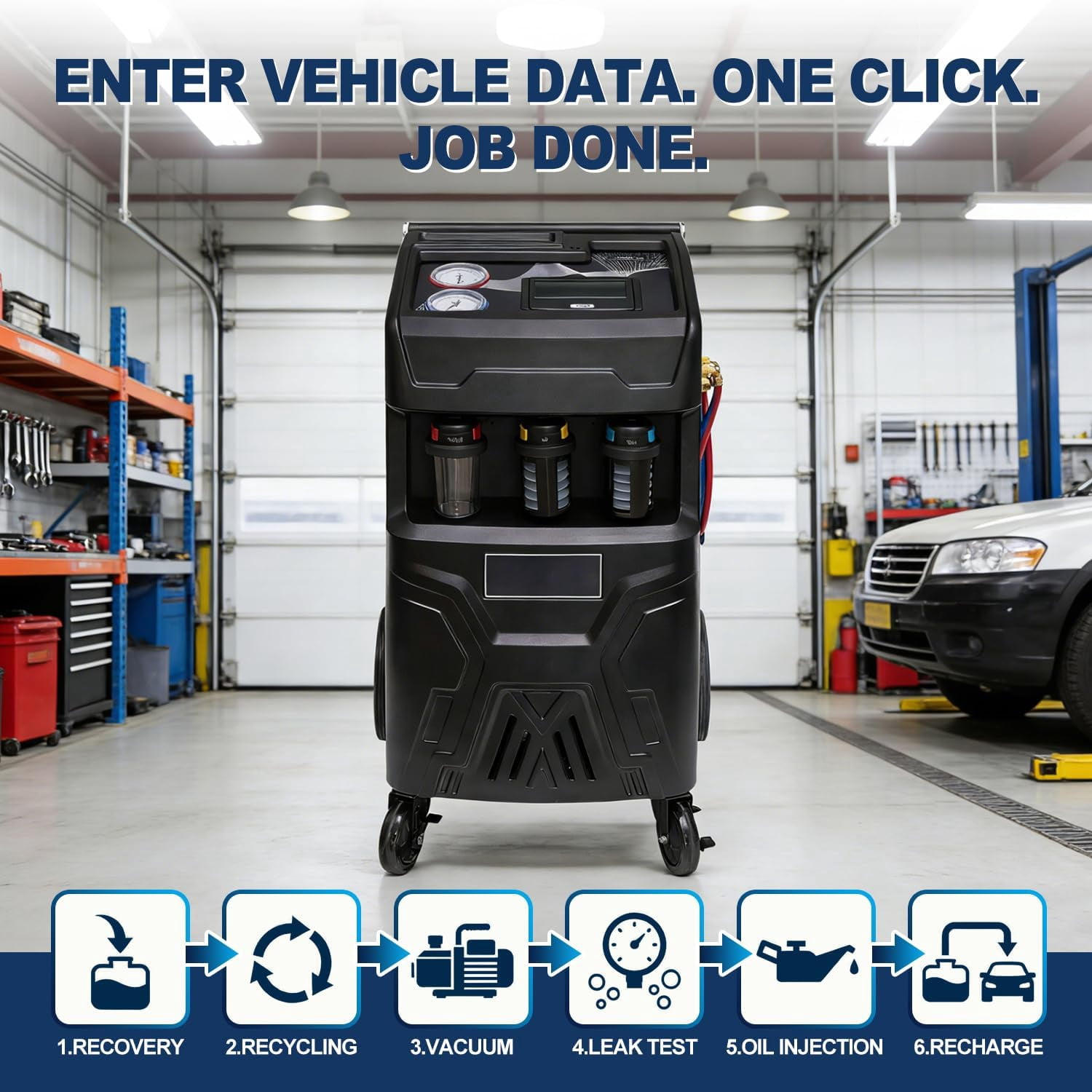 HPDMC Professional Fully Automatic R134a AC Recovery & Recharge Machine, 7" Touch Screen Service Station with Vacuum Pump, Leak Test, Oil Injection and Built-in Printer for Car HVAC Systems