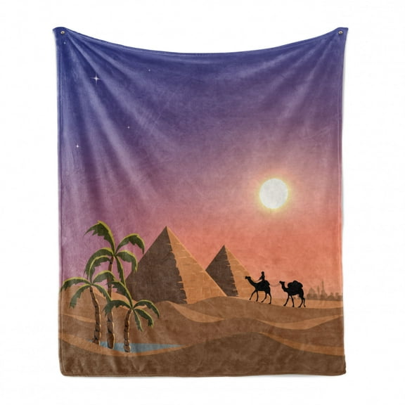 Oasis Soft Flannel Fleece Throw Blanket, Cartoon Style Illustration of a Desert Scene with a Caravan of Camels, Cozy Plush for Indoor and Outdoor Use, 50" x 60", Dark Violet Multicolor, by Ambesonne