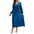 thumbnail image 3 of Seyurigaoka Womens Long Sleeve V-Neck Wrap Dresses Solid Color High Waist Pleated Long Skirts with Self Belt Puff Sleeve A-Line Sundress, 3 of 7