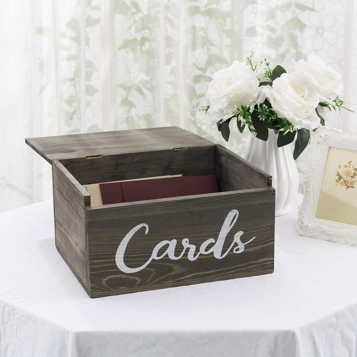 MyGift Vintage White Wood Wedding Card Box - Decorative Party Cards and  Stationery Holder with Slotted Lid & Antique Hinge Lock