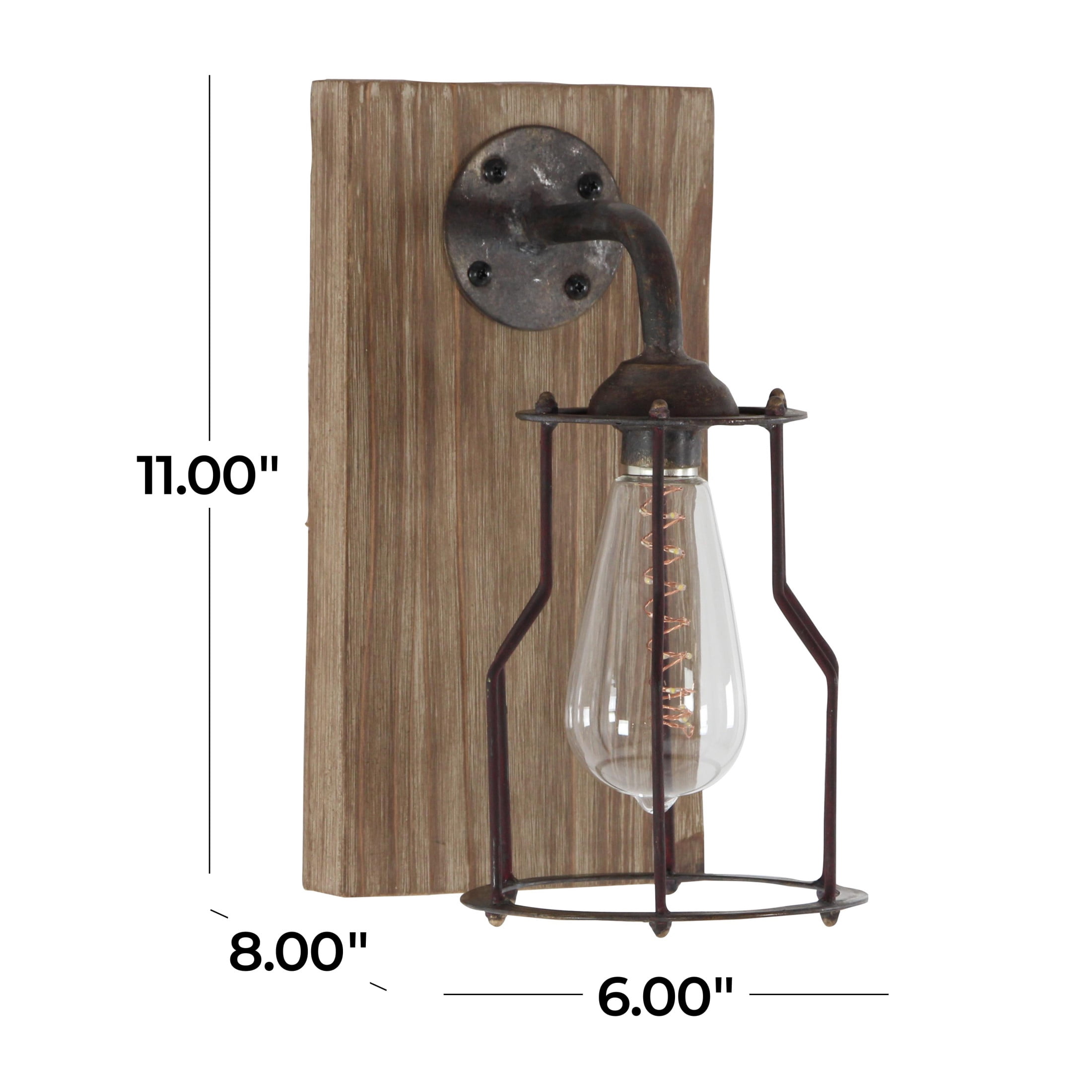 DecMode Industrial Metal Wall Sconce with Wood Backplate and Iron Cage, 6"W x 11"H Features Rustic Brown Finish