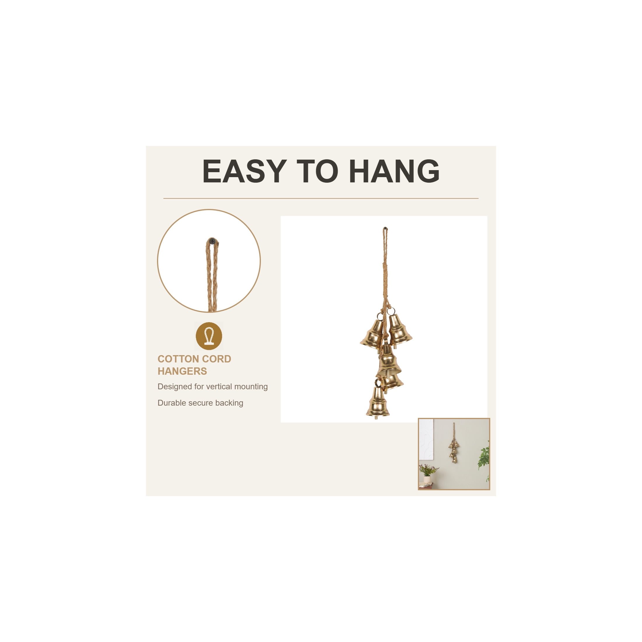 DecMode Tibetan Inspired Cascading Cluster Gold Metal Cluster Decorative Bells with 5 Bells on Jute Hanging Rope