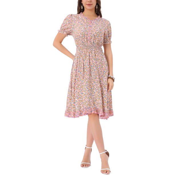 Vestido de verano floral para mujer INSPIRE CHIC con cuello de volantes, cintura fruncida y mangas cortas en color beige