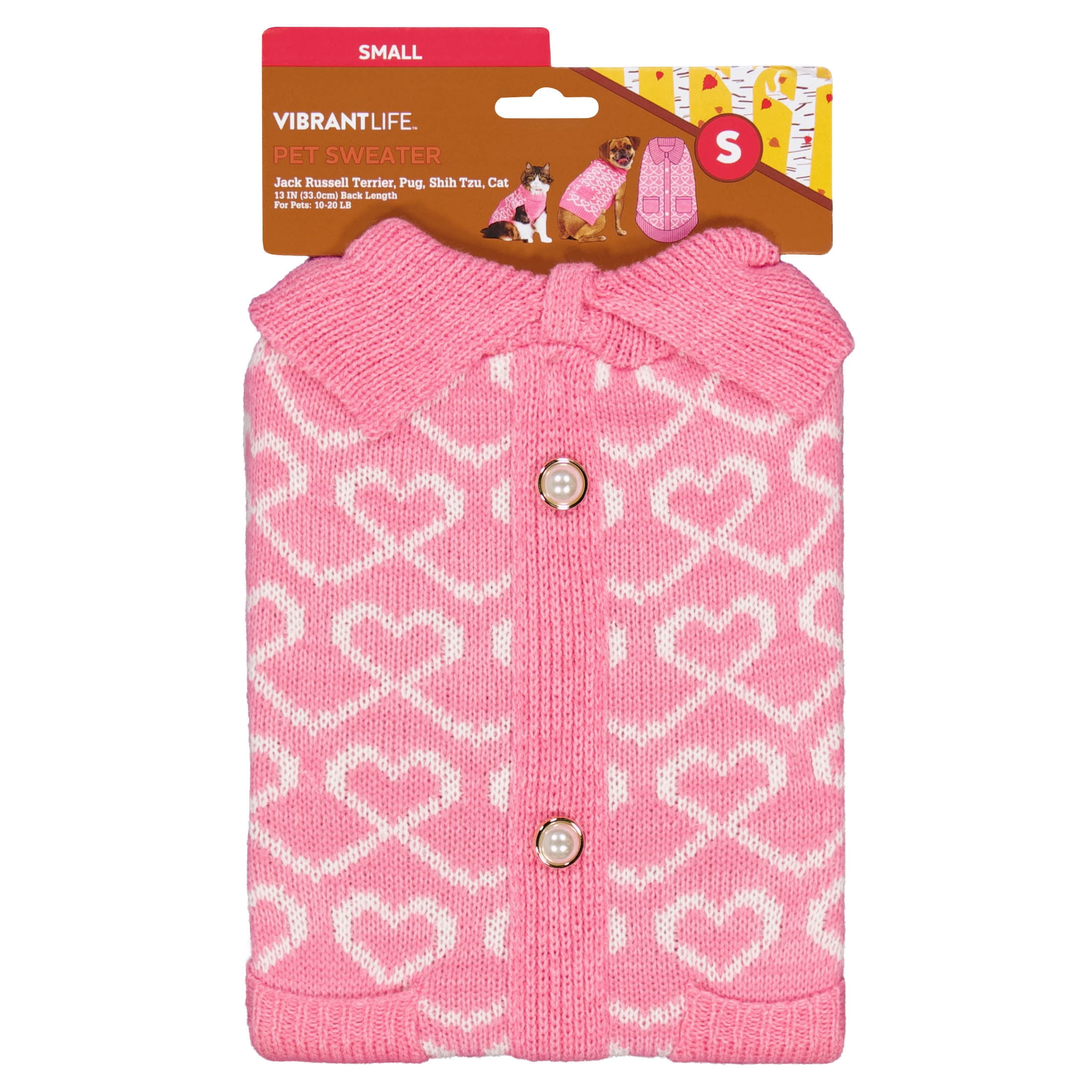Vibrant Life Sweater for Dogs and Cats, Hearts with Pearl Buttons, Pink, S
