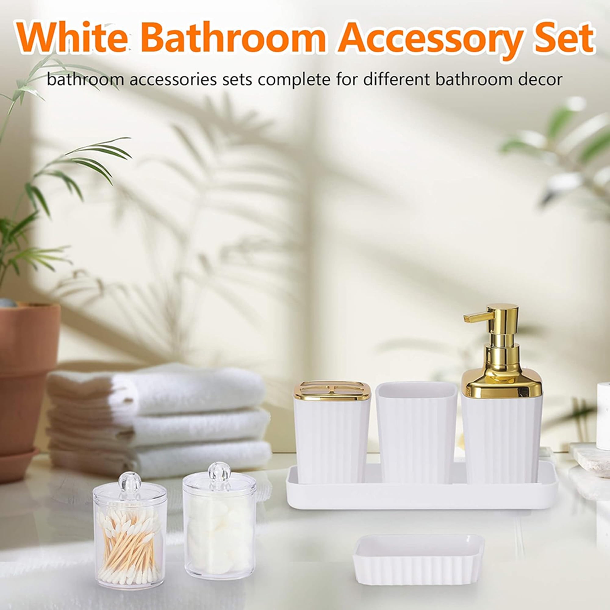 Bathroom Accessories Set,9 Piece White Bathroom Sets Complete With Toothbrush Holder, Trash Can, Lotion Soap Dispenser, Toothbrush Cup, Vanity Tray, Soap Dish, Toilet Brush, Qtip Holder