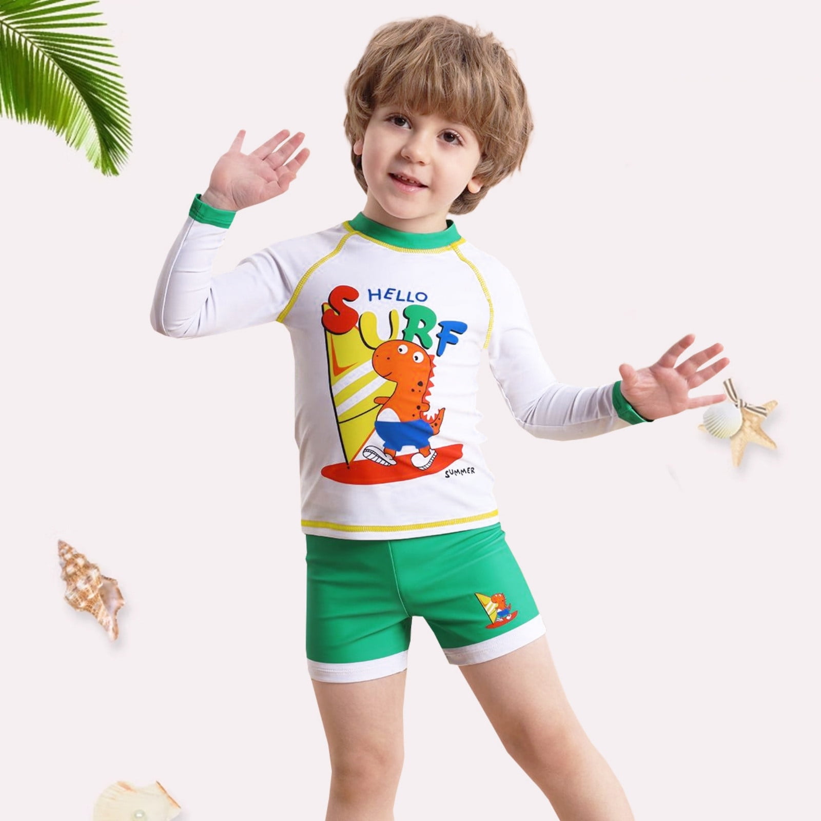 Maillot De Bain Garçon Manches Longues + Short - Impression Cartoon, Protection UV, Matière Polyester/élasthanne, Tailles 8Y-12Y - 9