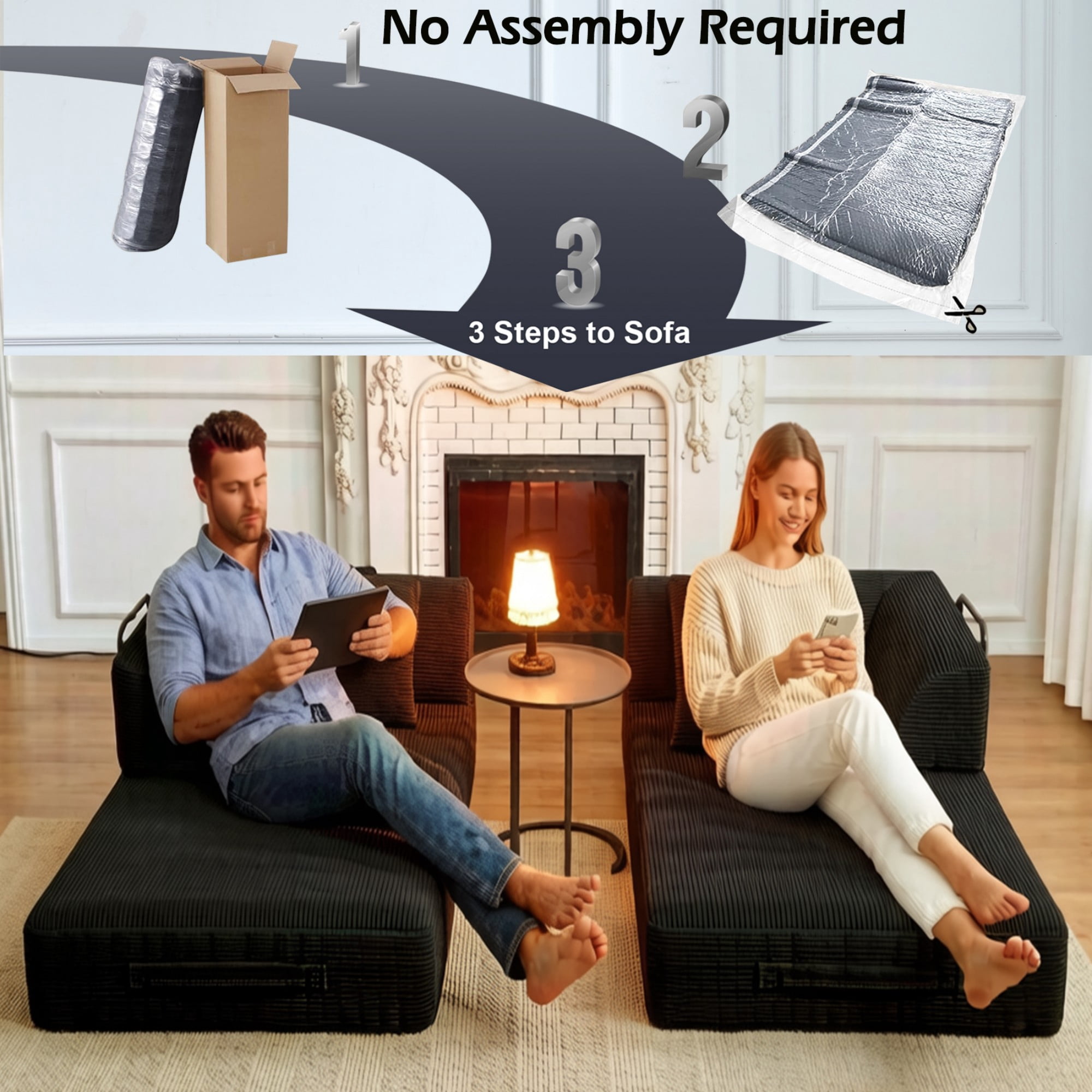 BSHTI 59" Corduroy Convertible Sleeper Sofa Bed with Cylindrical Pillow, No Assembly, Small Space for Living Room（Black）