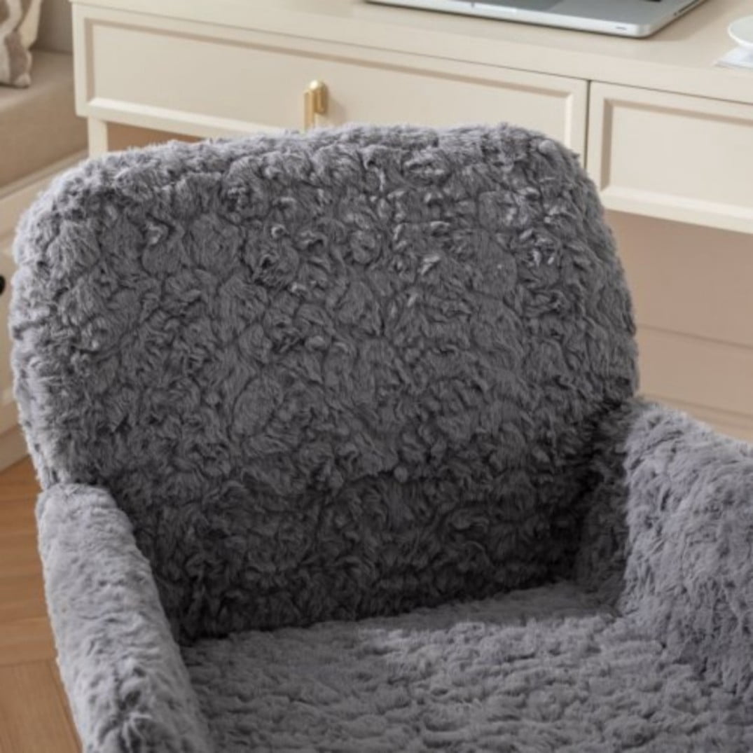 Office Chair, Faux Rabbit Fur Home Office Desk Chair with Golden Metal Base, Adjustable Height, 360° Swivel Reclining Vanity Chair, Gray