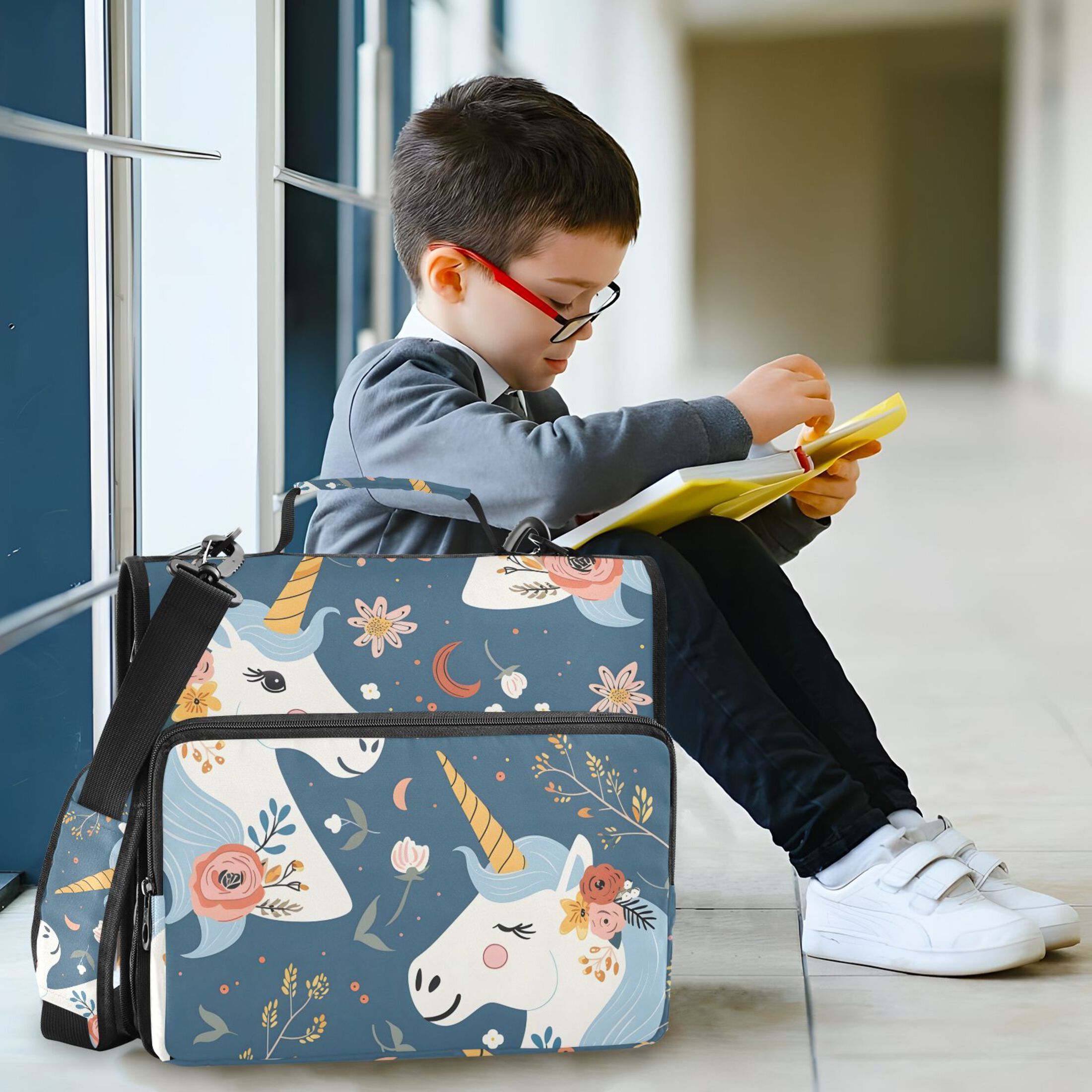 3 Ring Zipper Binder with Shoulder Strap Waterproof Trapper Keeper 2 Inch D-Ring 500 Sheets Capacity Beautiful Unicorn Head and Flower