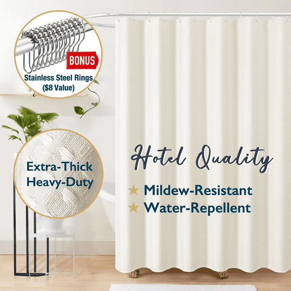 ComfiTime Fabric Shower Curtain with Hooks – 230 GSM Heavy-Duty Weighted-Hem Hotel Luxury Cloth Bathroom Curtain, Water-Repellent, Mold/Mildew-Resistant, Machine-Washable, 36 x 72, Embossed, Cream