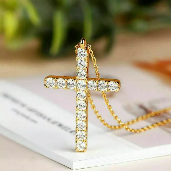 2CT Round Cut Lab Created Diamond Religious Cross Pendant 14K Yellow Gold Plated For Women's & Men's Free Chain 18"