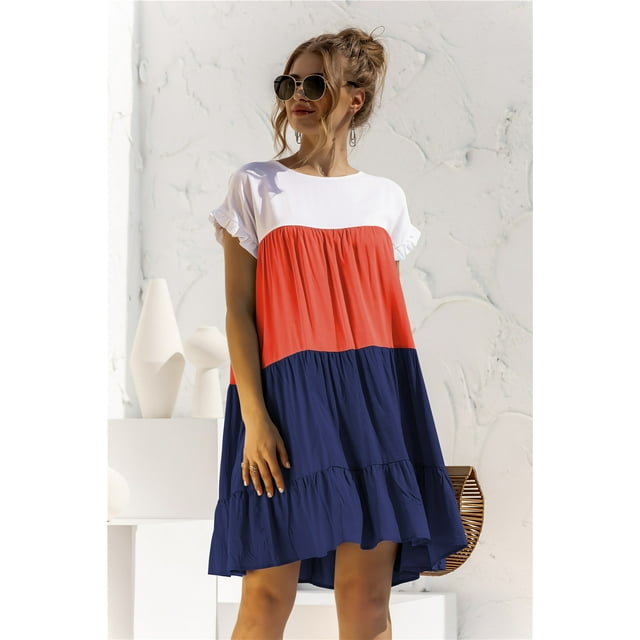 Nouveau Femmes Décontracté en Vrac Surdimensionné Robe Patchwork Manches Courtes Grands Volants Robe de Plage Robe
