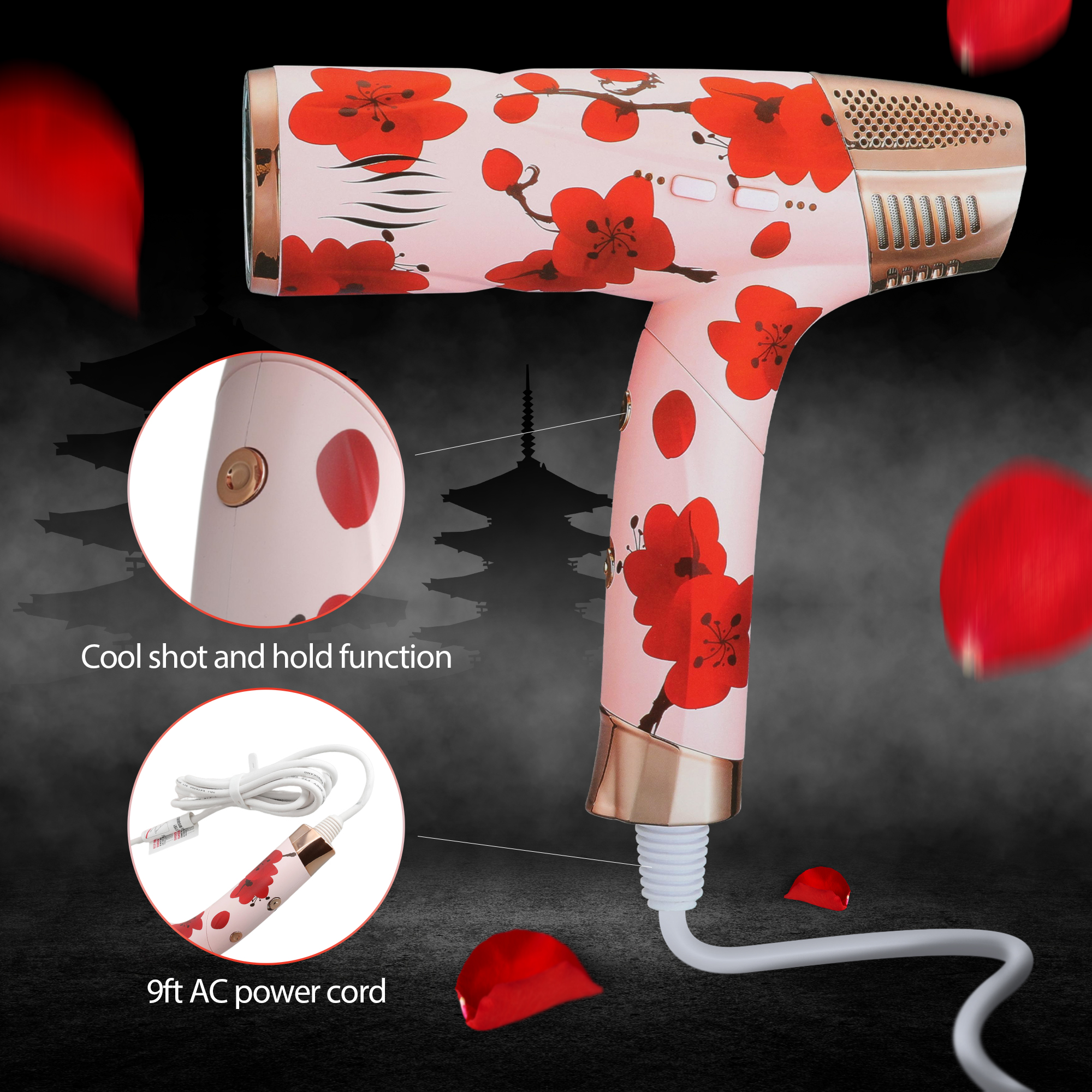 Savage Hair Dryer, Professional Blow Dryer for Women, Kyoto Design, 110,000 RPM Brushless Motor, Cool Shot, Hold, Self Clean, Plasma Functions, Memory System, 4 Styling Nozzles, 9ft Cord