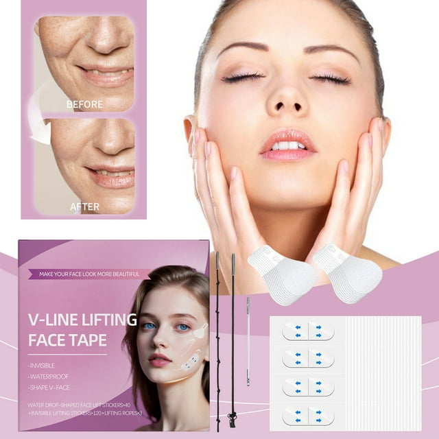 QIPOPIQ Bande de Visage Lifting Invisible avec Ficelle pour Rides, Bajoues, Cou, Yeux, Étanche Haute Élasticité Bande de Levage en V Stickers