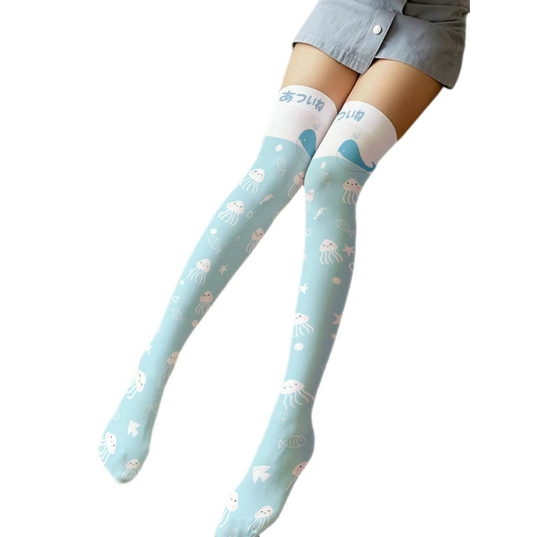 HESITONE Japanese Style Women Lolita Kawaii Thigh High Stockings Harajuku  Cute Cartoon Rabbit Jellyfish Animal Print Anime Over Knee Long Socks  Cosplay Hosiery 