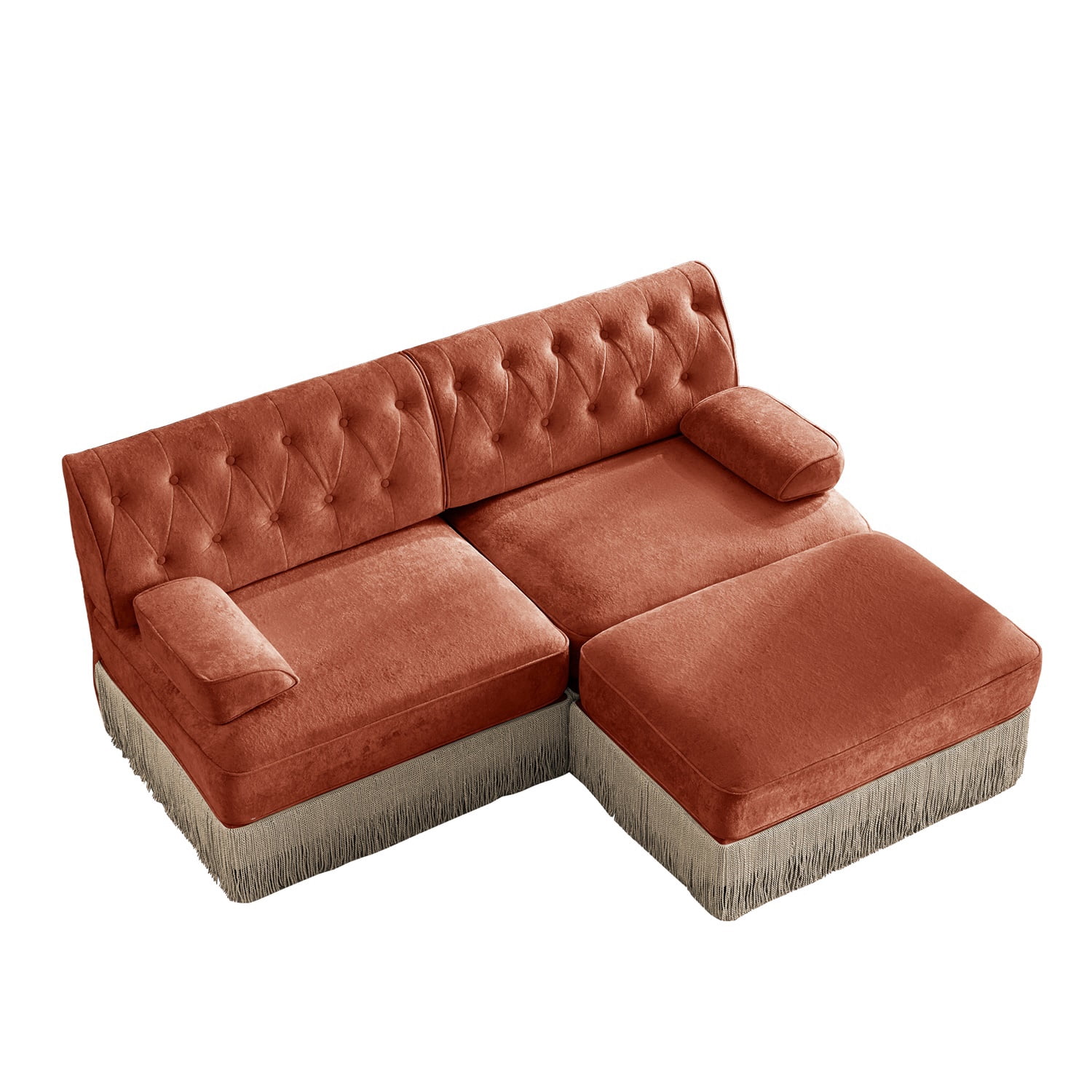 Hommoo 2-Seater Chesterfield Style Velvet Fabric L-Shaped Sectional Sofa, Tufted Button Upholstered Design and Floor-grazing Tassel, Free Combination Sofa Couch Set, for Home, Red Brown