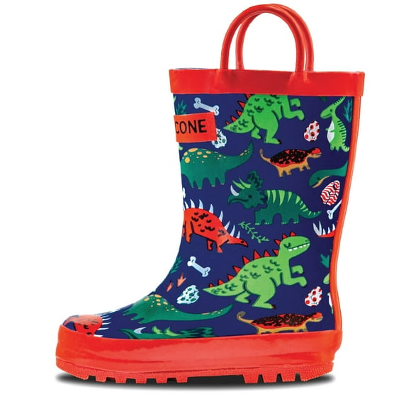 Lone Cone Rain Boots with Easy-On Handles in Fun Patterns for Toddlers and Kids, Puddle-a-Saurus Dinosaur, 13 Little Kid
