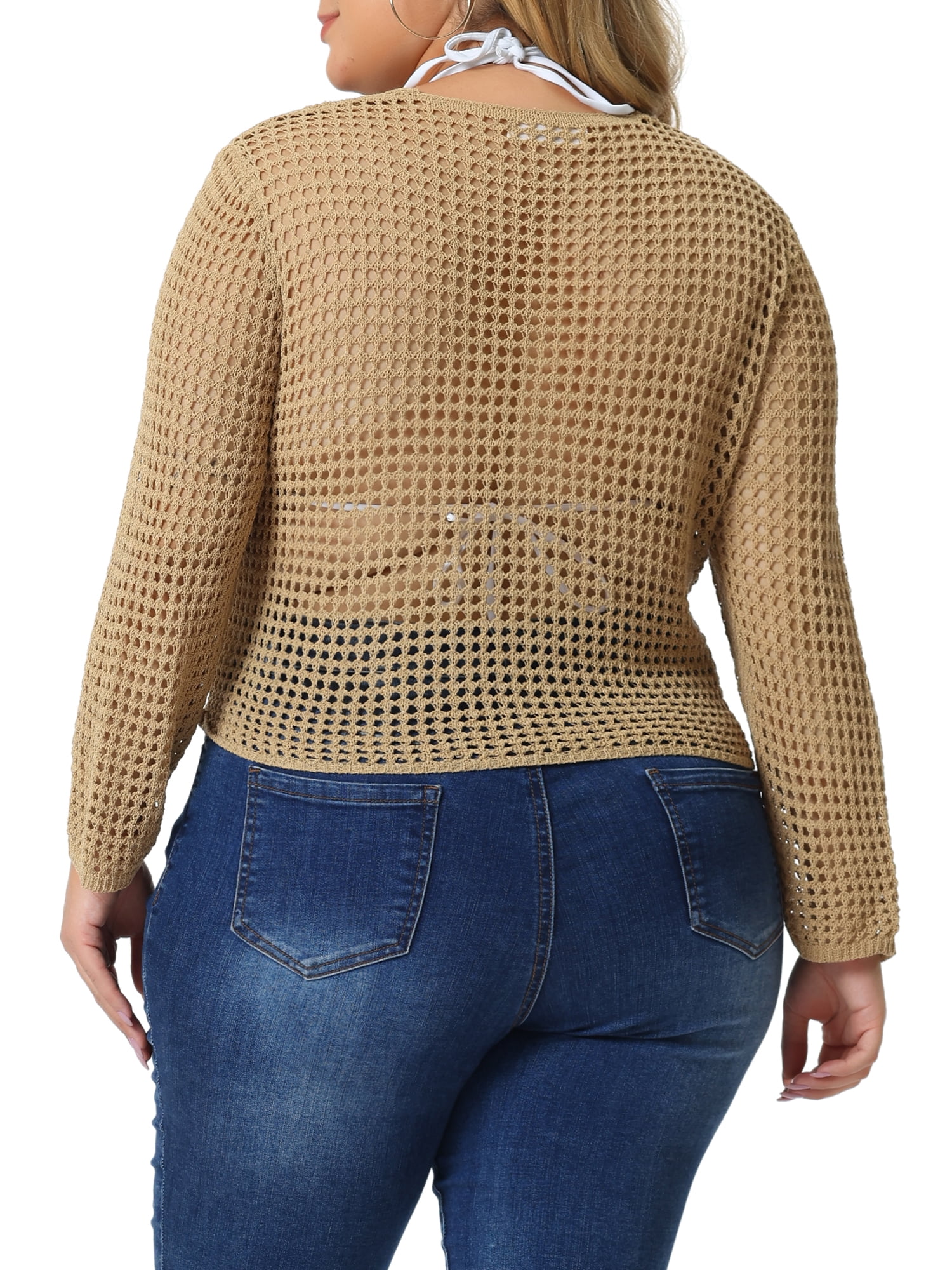 Unique Bargains Women's Plus Size Knitted V-Neck Ruched Cross Hollow Out Long Sleeve Tops 1X Light Camel