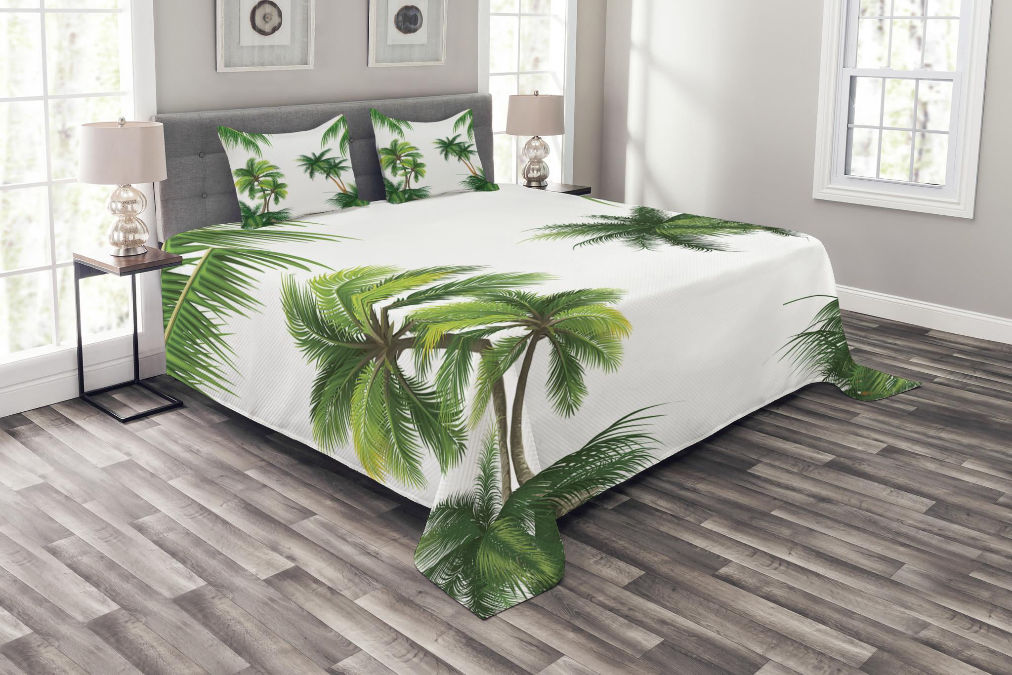 Palm Trees Exotic Print Tropical Quilted Bedspread & Pillow Shams Set 