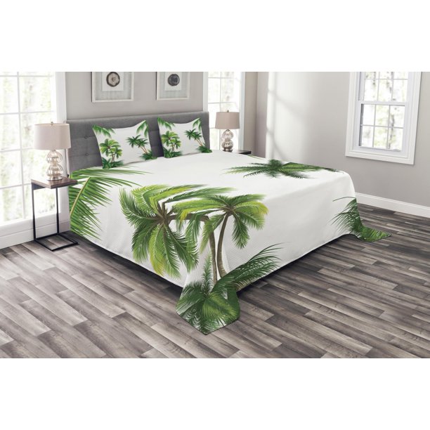 Tropical Bedspread Set Queen Size, Coconut Palm Tree Nature Paradise Plants Foliage Leaves