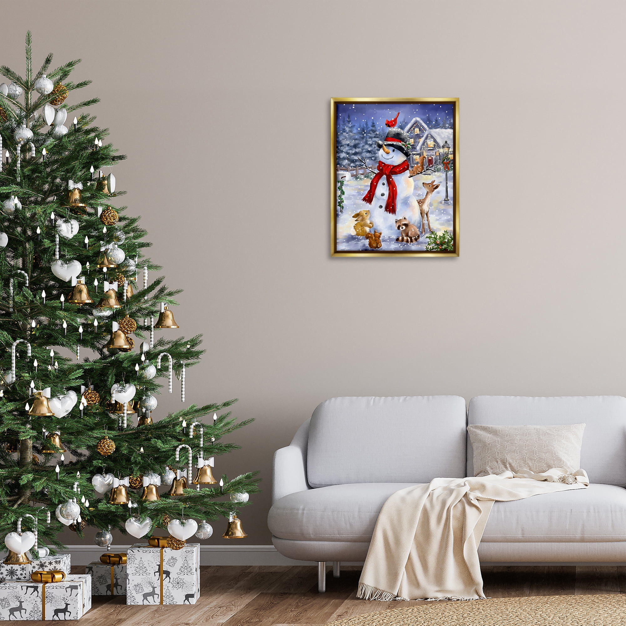 Stupell Industries Snowman & Forest Animals Holiday Painting Gold Floater Framed Art Print Wall Art, 25 x 31
