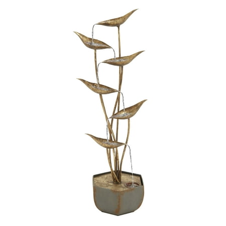 Brass Satin Fountain - Decmode 43 Inch Eclectic Iron Leaf Sculpture Fountain, Brass