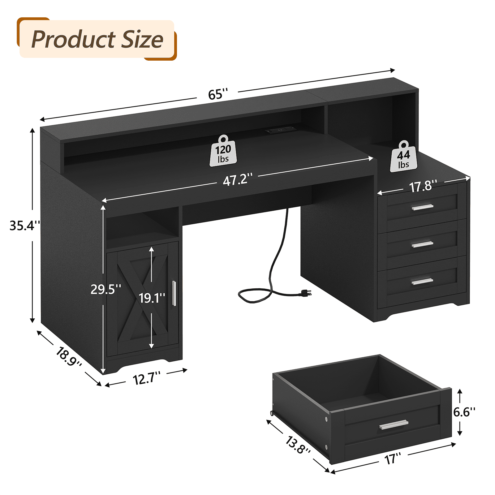 Farmhouse Computer Desk with Drawers, 65'' Home Office Desk with Power Outlets, Storage Cabinet and Printer Stand, Study Writing Desks with Long Monitor Stand, Black
