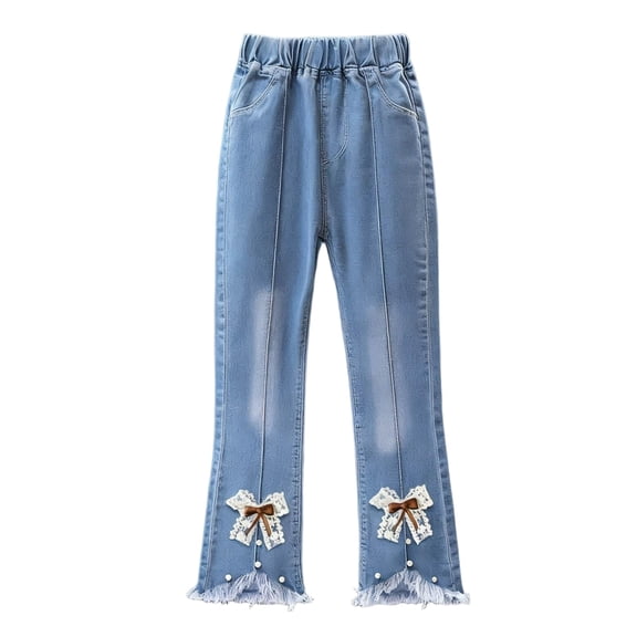 StSilkitty Bow Flare Jeans for Girls High Waist Elastic Bell Bottom Denim Pants with Pockets Lightweight Soft Comfy Trousers