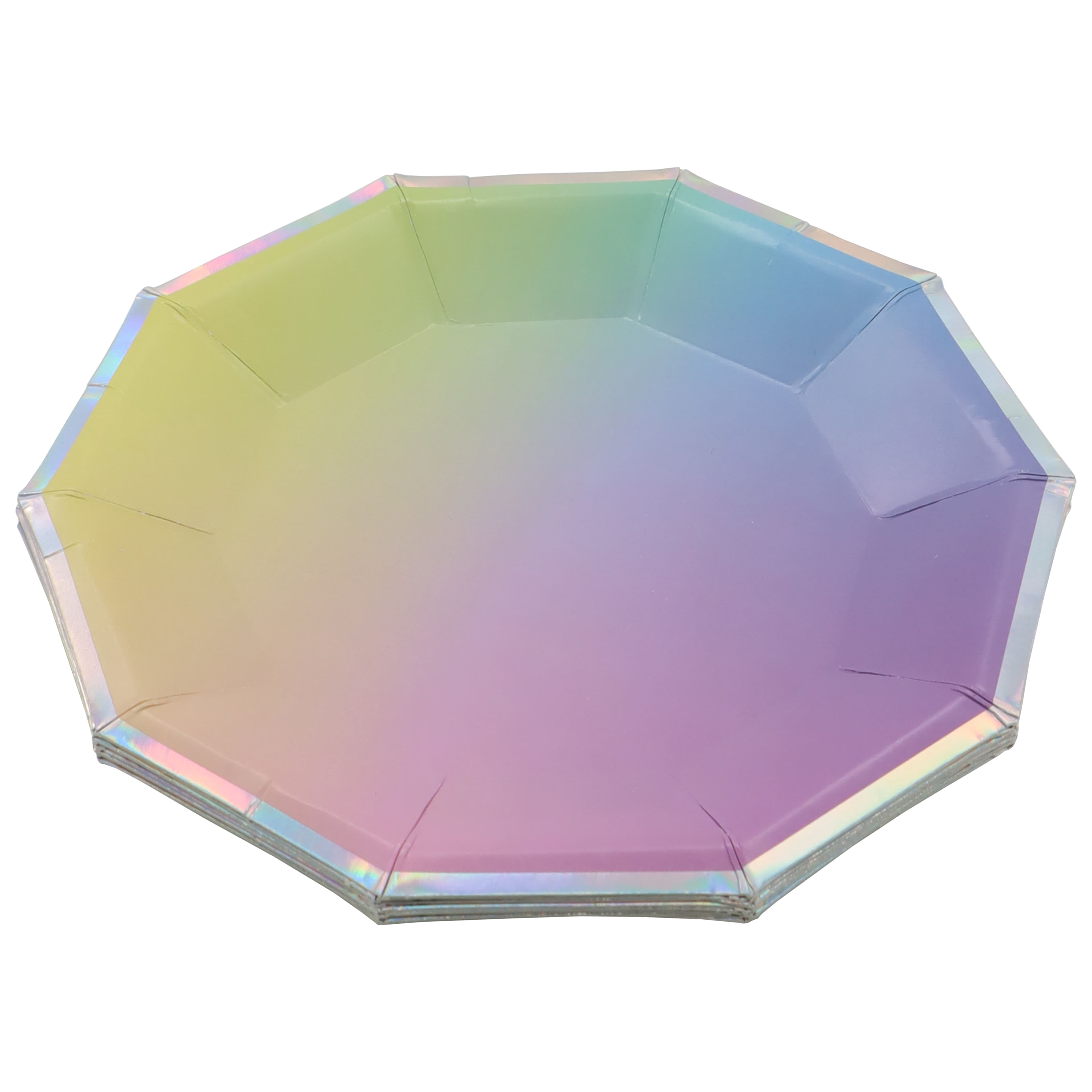 Celebrate It Snack Plates, Ombre Decagon with Holographic Foil Edge Paper Tableware, Multicolor/Holographic, 7", 12 Pack (96 Total)