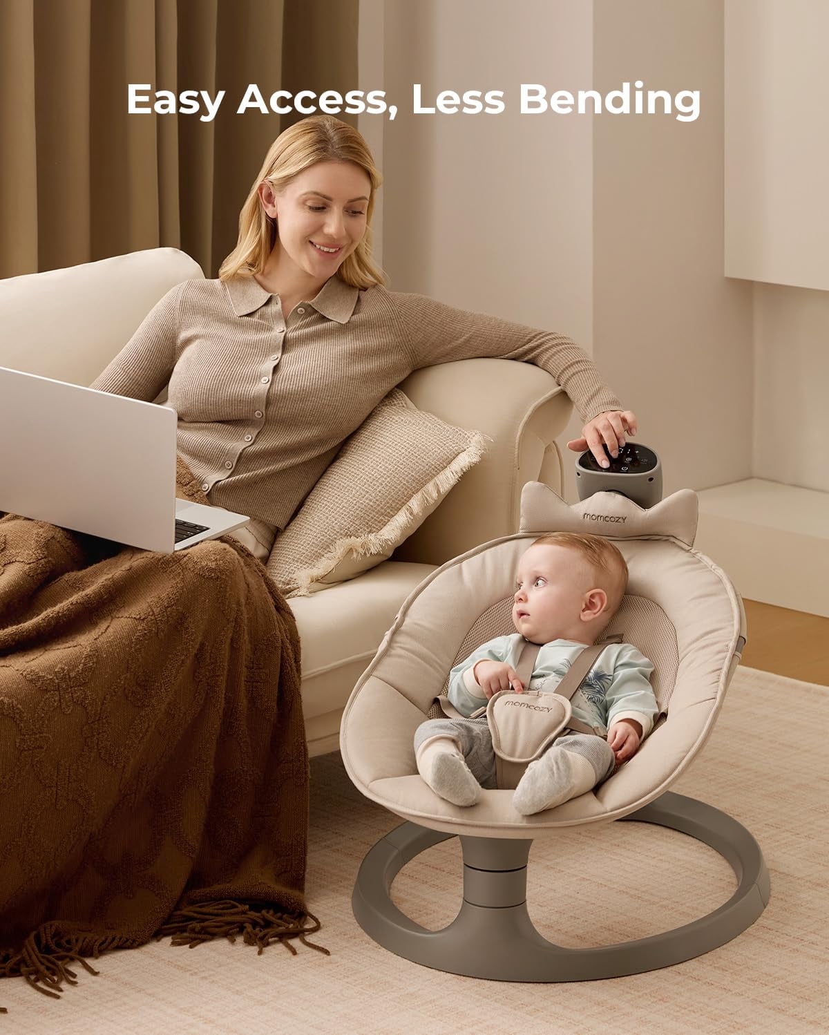 Momcozy 2-in-1 Electric Baby Swing, Dual-Arm Support System & Parent-Inspired Motions, Convertible to Toddler Seat up to 66 lbs, Adjustable Height, Lightweight
