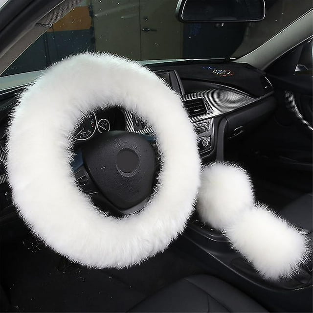 3pcs Fashion Steering Wheel Covers, Fluffy Handbrake Cover Car Decoration