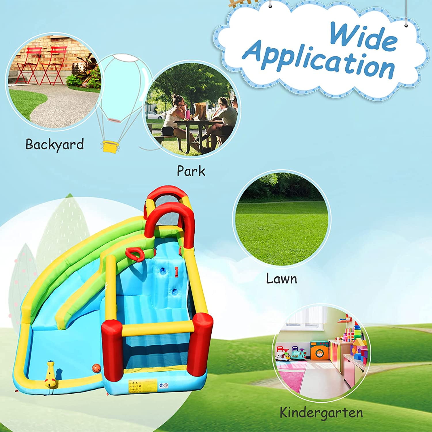 OLAKIDS Inflatable Water Slide, 6 in 1 Bounce House with Slide, Climbing Wall, Splash Pool, Basketball Rim, Water Blaster, Outdoor Water Park Jumping Castle with Carrying Bag, Hose