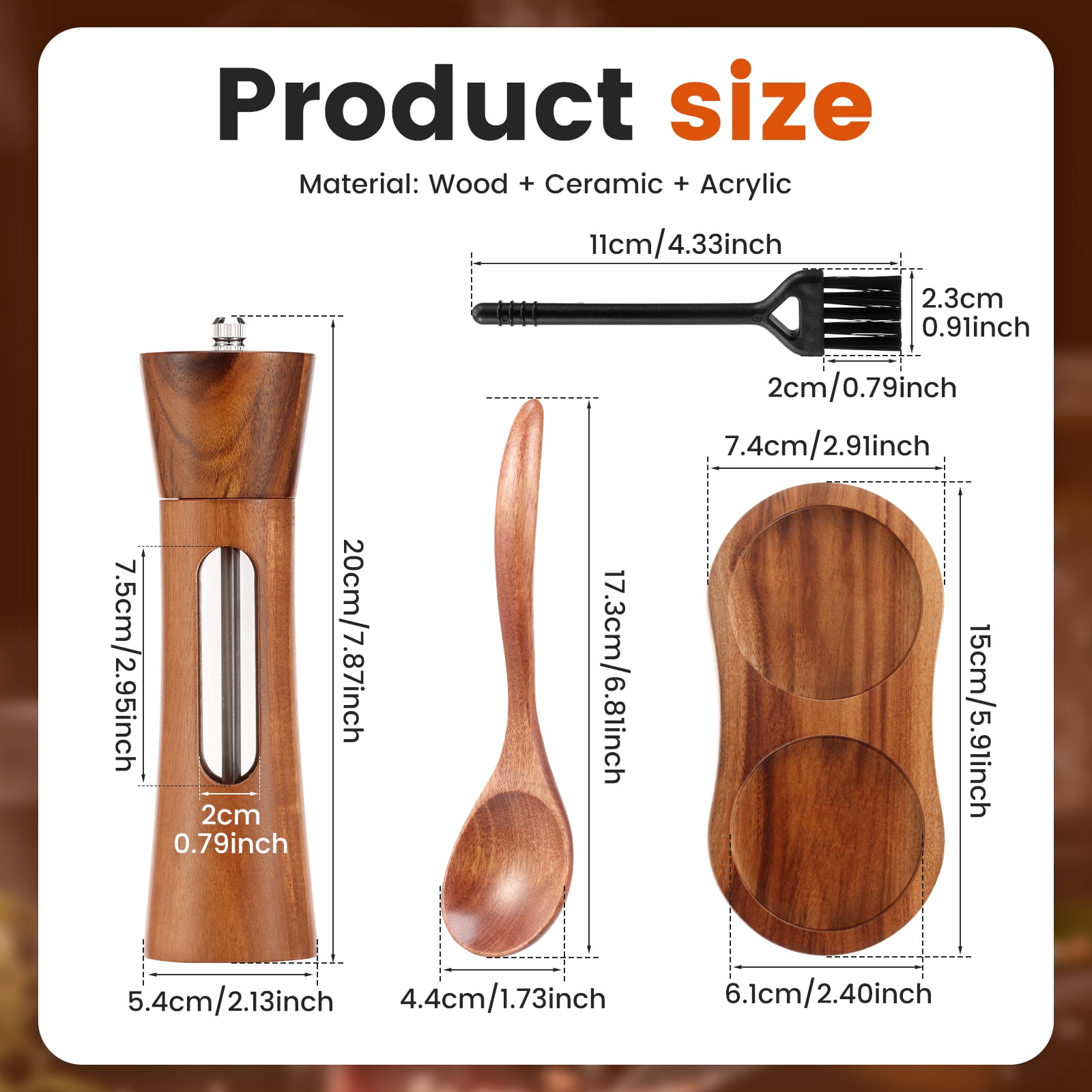 2 PCS Acacia Wooden Salt and Pepper Grinder Set 7.87 Inch Refillable Salt and Pepper Shakers with Clear View Window Ceramic Grinder, Adjustable Coarseness Tray + Cleaning Brush + Wooden Spoon