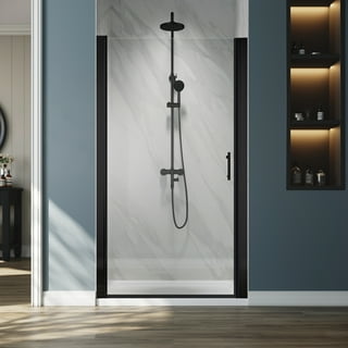 Madeira Series Grid Pattern Shower Door with Enduroshield 34 x 72 inch  Fixed 3/8 Thick Clear Tempered Glass in Matte Black By Fab Glass and  Mirror 