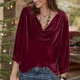 thumbnail image 2 of Summer Tops, Women Blouses, Elegant Women Casual Velvet Shirts Cowl Neck 3/4 Sleeve Drape Design Ruched Front Long Sleeve Blouses Tops for Stylish Outfits, 2 of 8