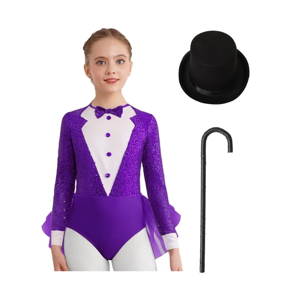 Haitryli Kids Girls Ballet Jazz Dance Gymnastic Skirted Leotard Sequins Magician Performance Party Outfit Set Purple Black 6