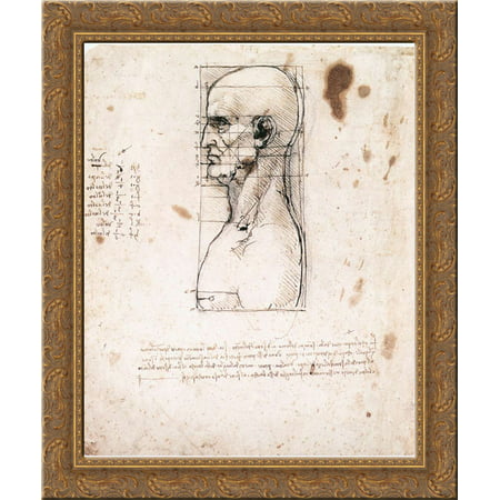 Bust of a man in profile with measurements and notes 24x20 Gold Ornate Wood Framed Canvas Art by Leonardo da